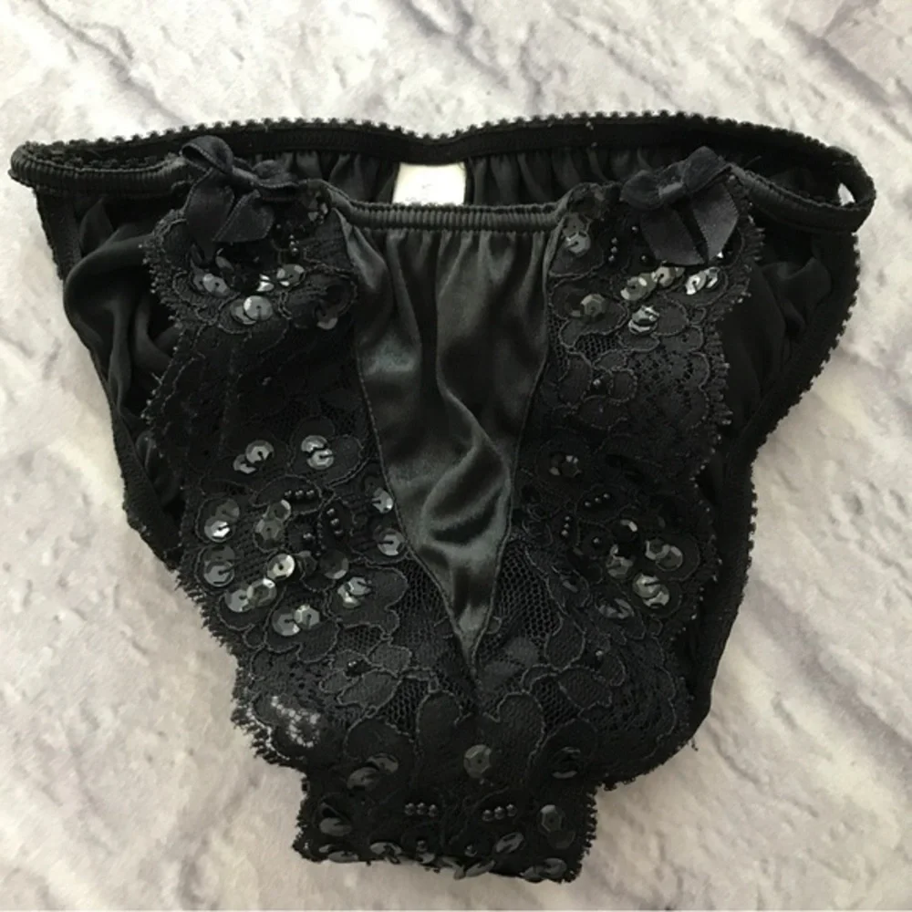 Vintage 90’s Victoria’s Secret Sequin and Beaded Satin Black String Bikini CTRR‎